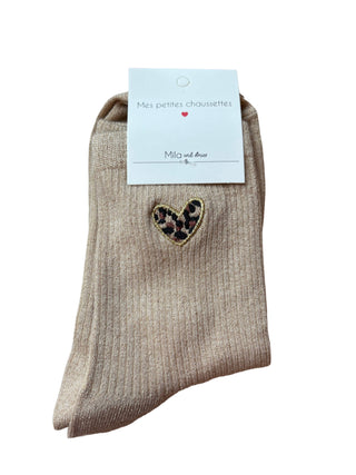 Beige & Gold Leopard Heart - Socks