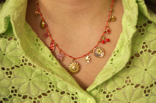 Red Sunny Flower Charms Cord - Necklace