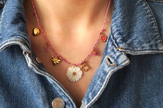 Pink Cord Flower Bee Charms - Necklace