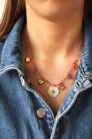 Pink Cord Flower Bee Charms - Necklace