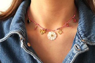 Pink Cord Flower Bee Charms - Necklace