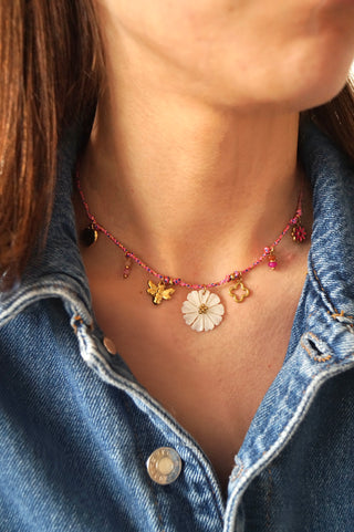 Pink Cord Flower Bee Charms - Necklace