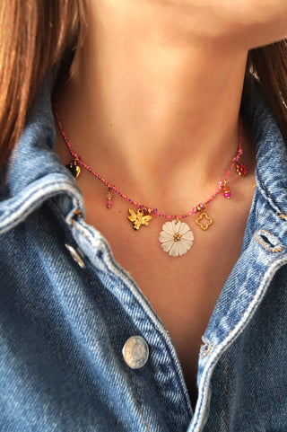 Pink Cord Flower Bee Charms - Necklace