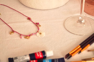 Pink Cord Flower Bee Charms - Necklace