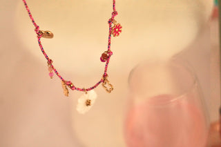 Pink Cord Flower Bee Charms - Necklace
