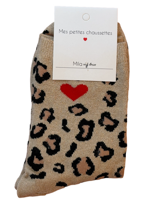 Beige & Black Leopard Red Heart - Socks