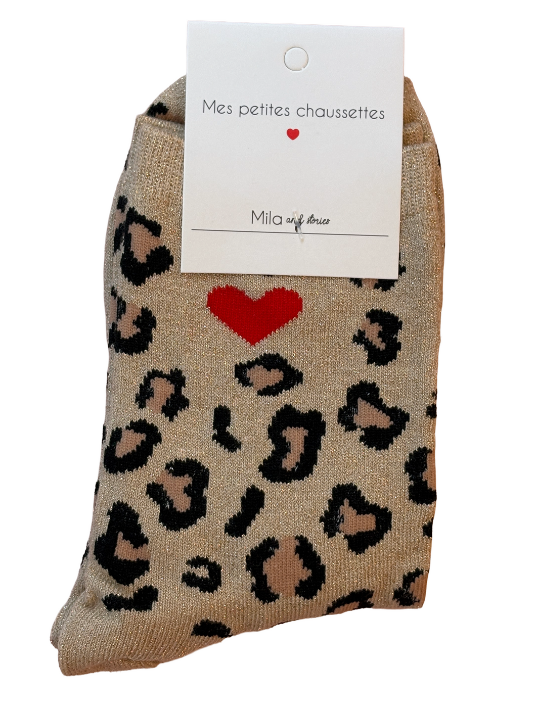Beige & Black Leopard Red Heart - Socks