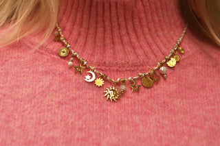 White Cord Sun & Moon Charms - Necklace