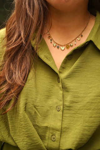 Green Flowery Heart Charms  - Necklace