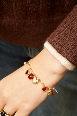 Red Flowery Heart Charms - Bracelet