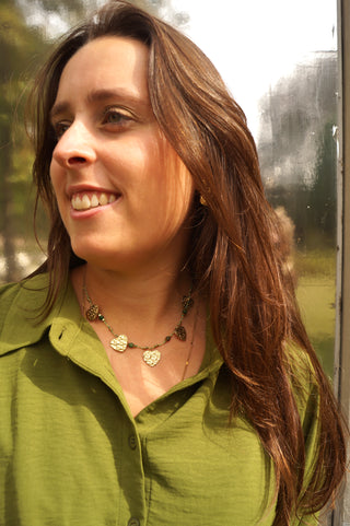 Green Cord Gold Hearts - Necklace