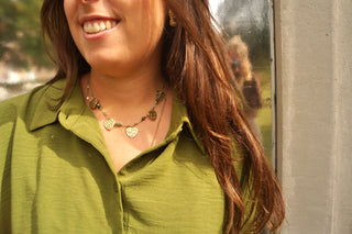 Green Cord Gold Hearts - Necklace