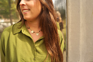 Green Cord Gold Hearts - Necklace