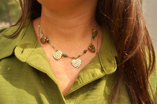 Green Cord Gold Hearts - Necklace