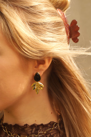 Black Pearl & Leaves - Earrings