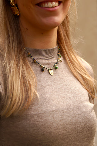 Green Cord Pearly Charms - Necklace