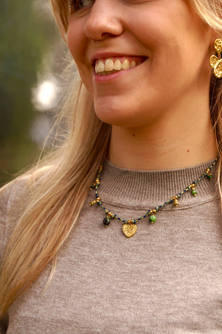 Green Cord Pearly Charms - Necklace