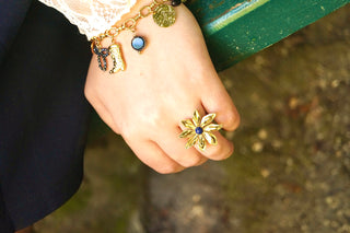 Navy Blue & Gold Flower - Ring