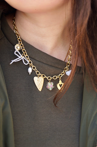 White Heart Bow Charms - Necklace