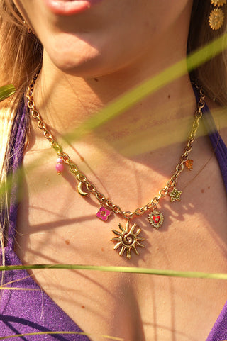 Pink & Orange Sunny Heart Charms - Necklace