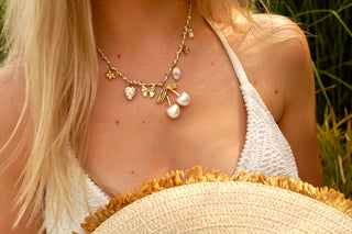 White Cord Big Cherry Charms - Necklace