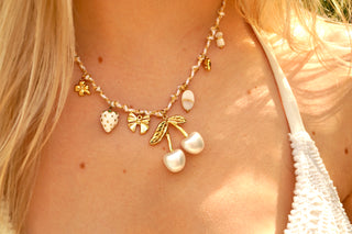 White Cord Big Cherry Charms - Necklace