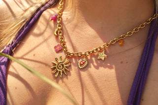Pink & Orange Sunny Heart Charms - Necklace
