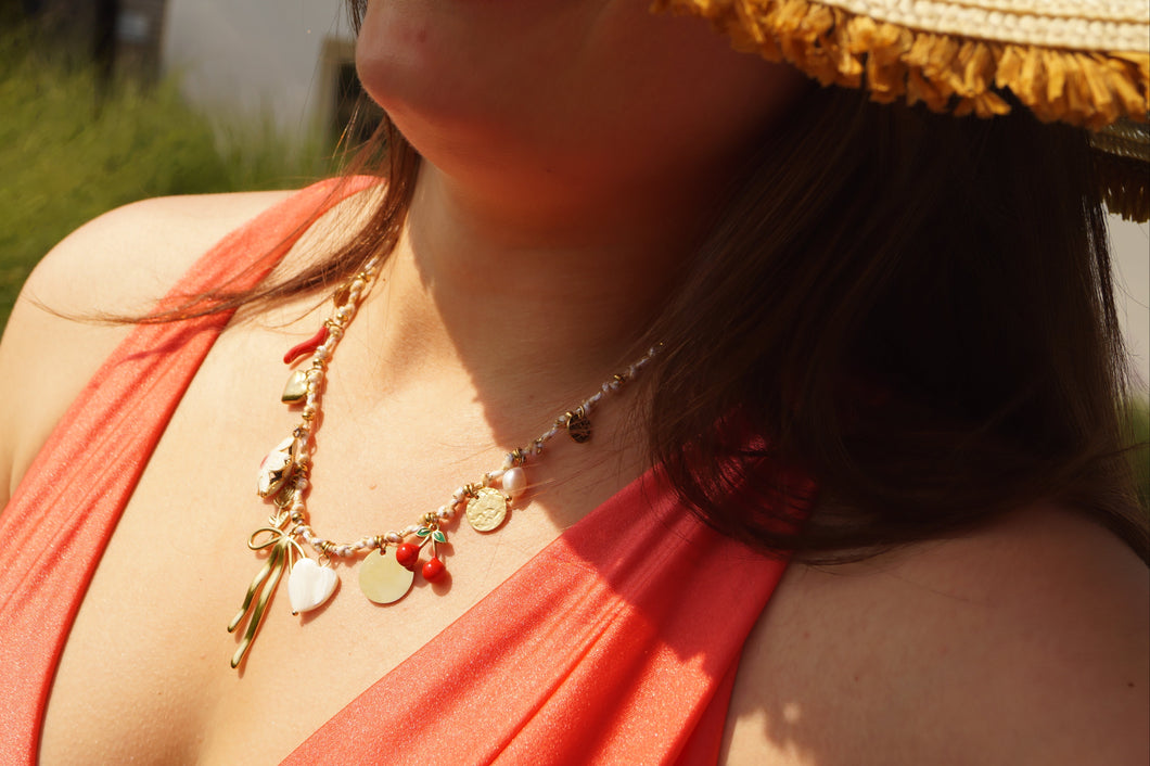 White Cord Big Bow Flower Charms - Necklace