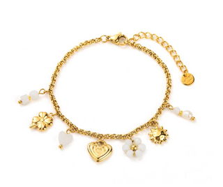 White Flowery Heart Charms - Bracelet