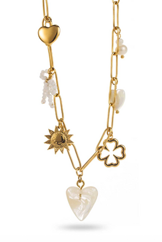 White Bow & Heart Charms - Necklace