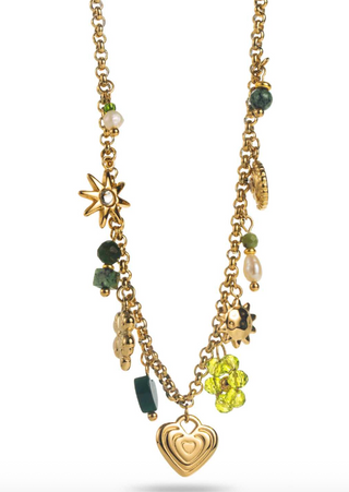 Green Flowery Heart Charms  - Necklace